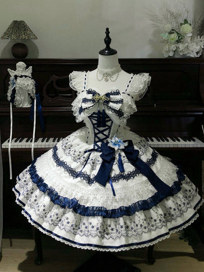 Blue and White Porcelain Corset Waist Lolita JSK Dress with Tassel Bows - Miss Han