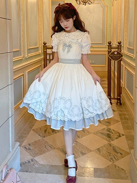 White & Blue Lace Trim JSK Dress with Bow and Belt - Rosa multiflora