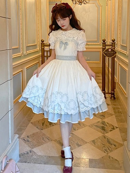 White & Blue Lace Trim JSK Dress with Bow and Belt - Rosa multiflora