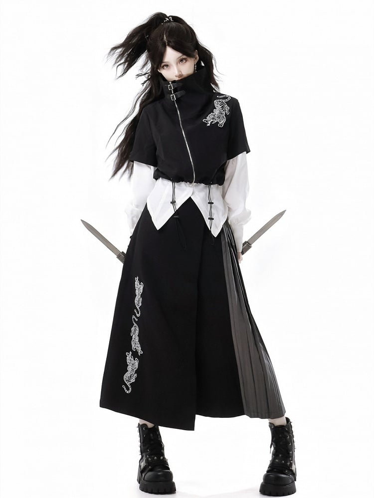 Tiger Embroidery Black Pleated Wide Leg Pants Side - PINK SAVIOR