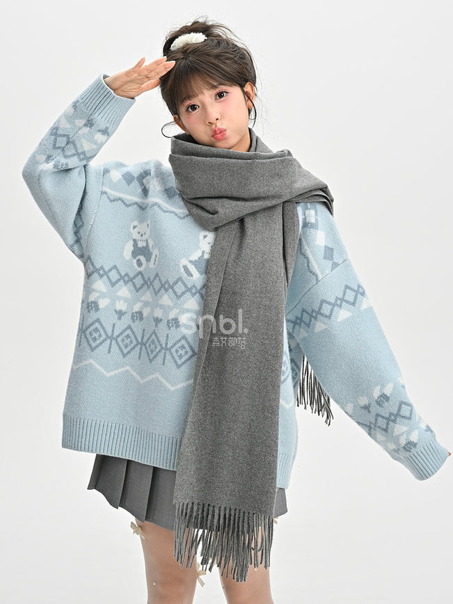 Blue Teddy Bears Pattern Round Neck Cozy Sweater