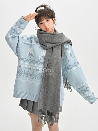 Blue Teddy Bears Pattern Round Neck Cozy Sweater