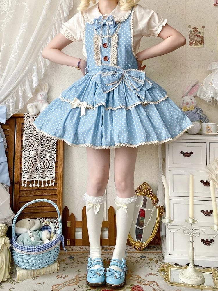 Kleid Altes Muster Lolita Polka-dot Schule Blau Overall