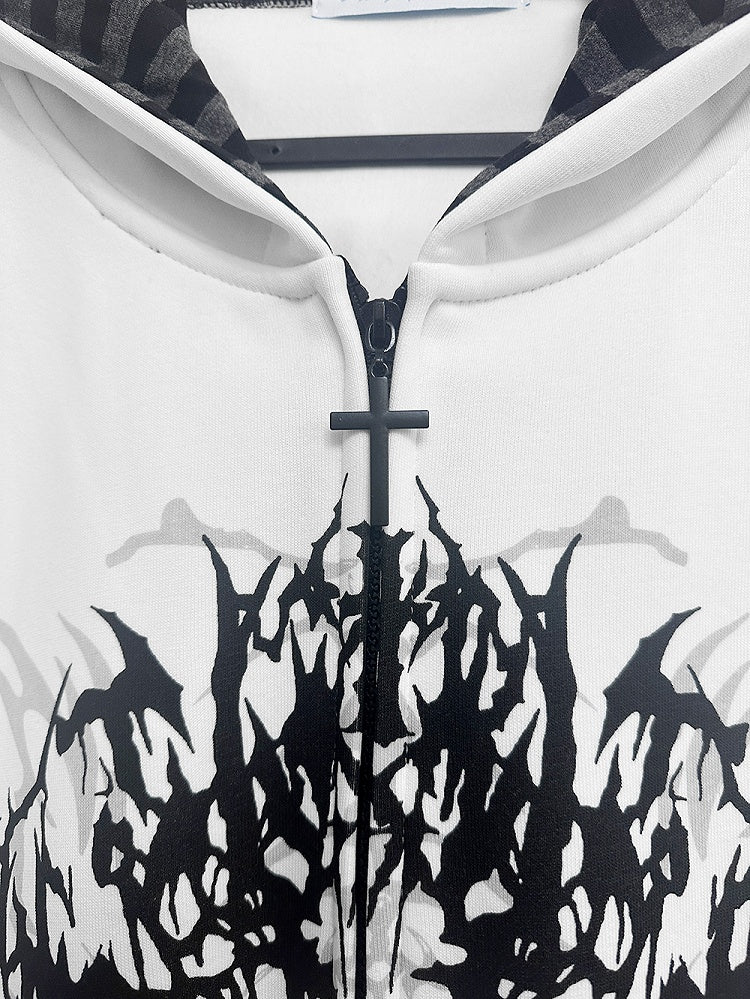 Print Fantasy Dark Black/White Gothic with Striped-Lined Lightweight Hoodie