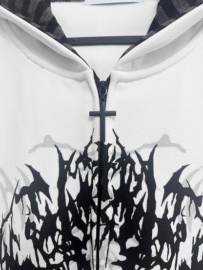 Print Fantasy Dark Black/White Gothic with Striped-Lined Lightweight Hoodie