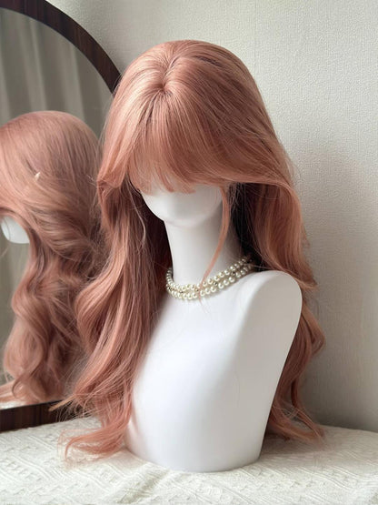 Long Rose with Bangs Wavy Full Wig Pink 65CM