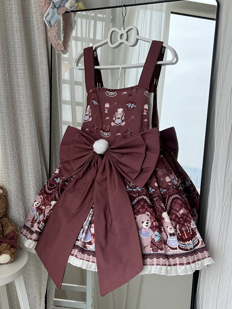 + Sweet Dress and Lolita Big Overall Print Cake Bear Reddish Brown Train Bow