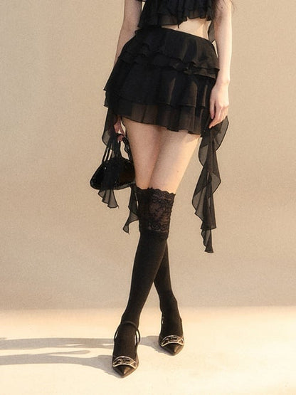 Tiered Skirt Asymmetrical Ruffled Hem Slim-fitting Mini Black Chiffon