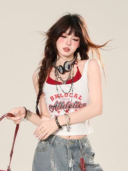 Drucken Glamouröse Rot und Weiß Neckholder Brief Zwei-stück Tank Top Faux