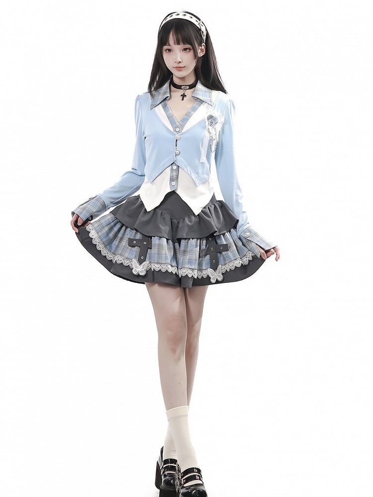 Vintage Kawaii Blue & White Plaid Faux Two-Piece Knit Shirt with Heart Brooch - PINK SAVIOR