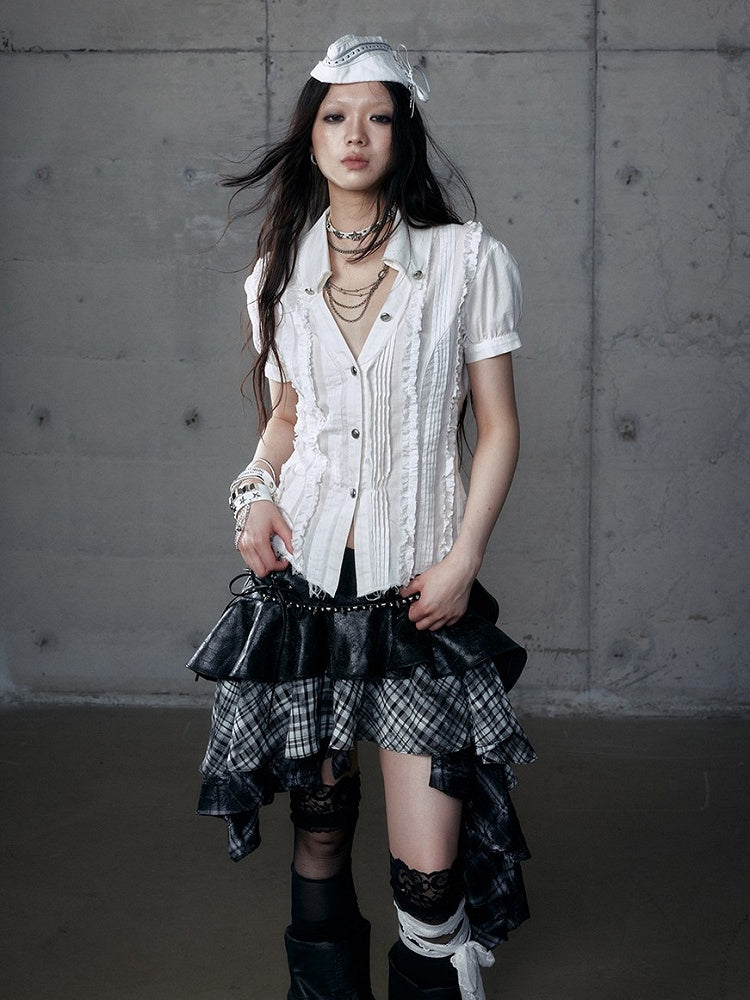 Blouse Wasteland Pleats Punk Short Sleeve White Distressed with Pintuck V-Neck