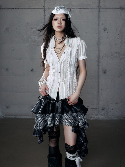 Blouse Wasteland Pleats Punk Short Sleeve White Distressed with Pintuck V-Neck