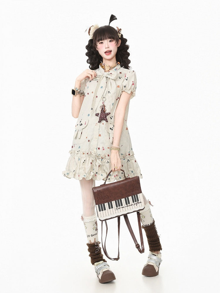 Beige Star Print Plaid Puff Sleeve Dress with Bow & Bunny Ear Pockets - Languid Park