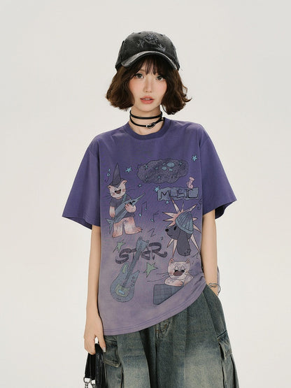 Vintage Purple Faded Wash Design Short Sleeve T-Shirt with Cartoon Print - Girlyhalo