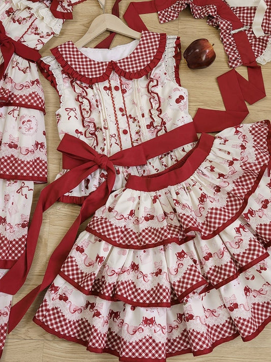 Red Gingham Pattern Peter Pan Collar Top + Cherry Tiered Skirt Set