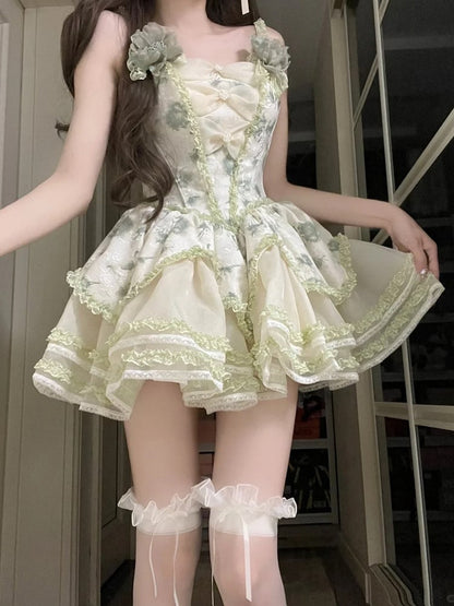 Layered Skirt Lace Green Trimmings Princess with Ruffles Floral-Print and Lolita Jumper