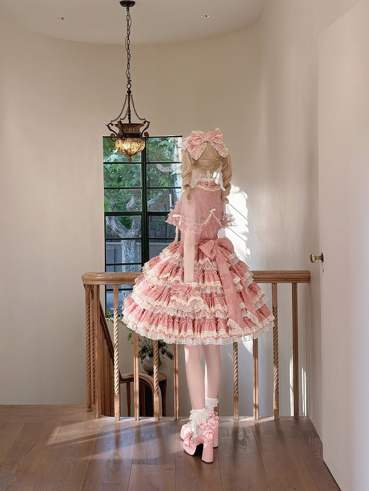 Lolita Ruffles Embroidery with Pink Lace Goldfish Details Dress Sweet and Tiered
