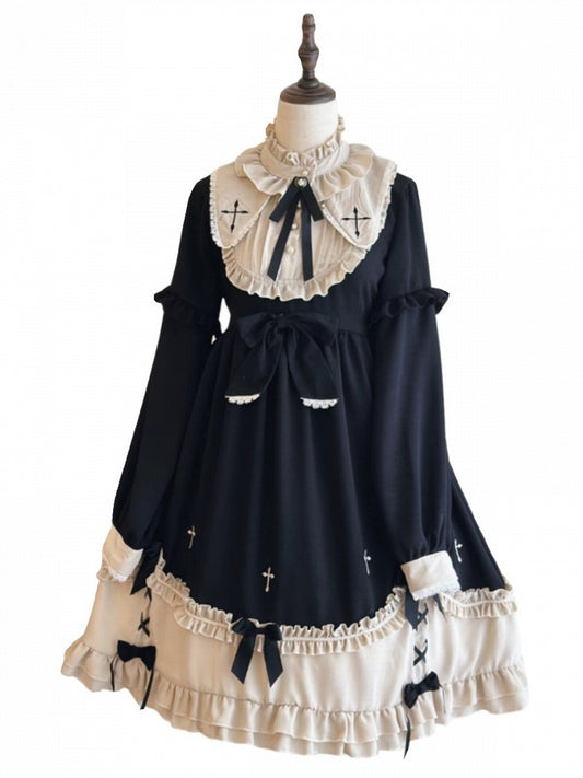 Plus Size Classic Gothic Lolita Long Sleeve Dress with Cross Embroidery & Bowknot Details - Versatile girl
