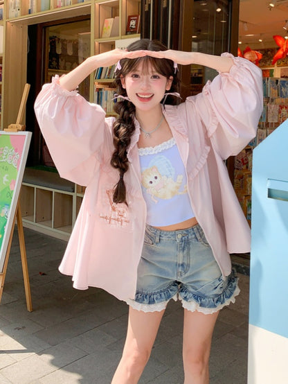 ウサギの耳のデザインフード刺繍アップリケホワイト/ピンクウサギ