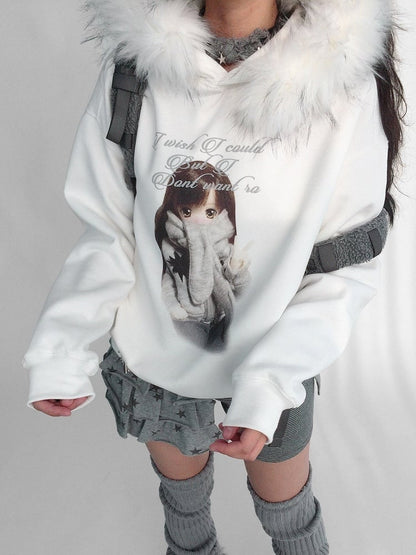 Hooded Detachable Girl Cartoon Print Trim Sweatshirt Hood Kawaii - Daily with Plush Letter