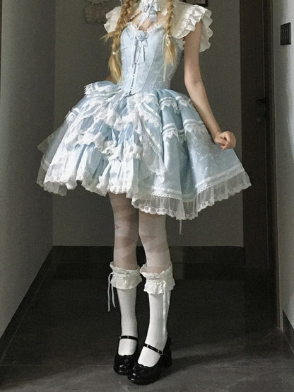 Blue and White Lolita Boned Corset Top Full Set with Skirt, Collar, Bell Sleeves & Accessories - Somnium Isle