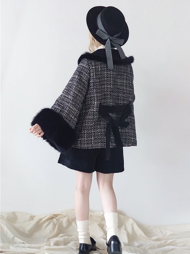Fur Cropped Plush Black Tweed White Faux with Lolita Cuffs Coat