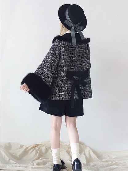 Fur Cropped Plush Black Tweed White Faux with Lolita Cuffs Coat