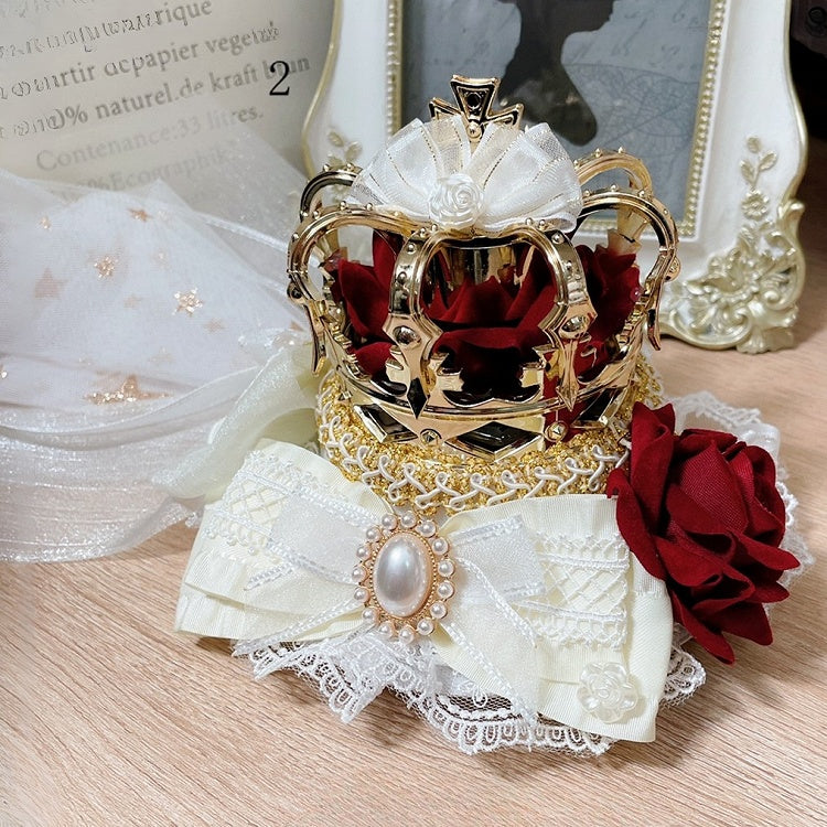 Hime Lolita Floral Design Bowknot Details Crown Mini Hat