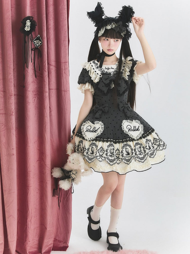 Gray Dot Sweet Lace-Trimmed Pattern Rabbit Dress Appliques with Polka Lolita Sweetheart
