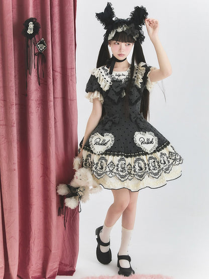 Gray Dot Sweet Lace-Trimmed Pattern Rabbit Dress Appliques with Polka Lolita Sweetheart