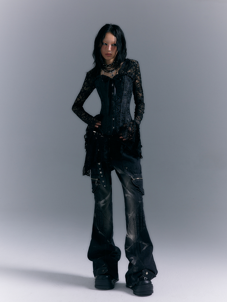 Gewaschene Reißverschluss Flare Schwarz-Grau Nieten Jeans Taschen Punk