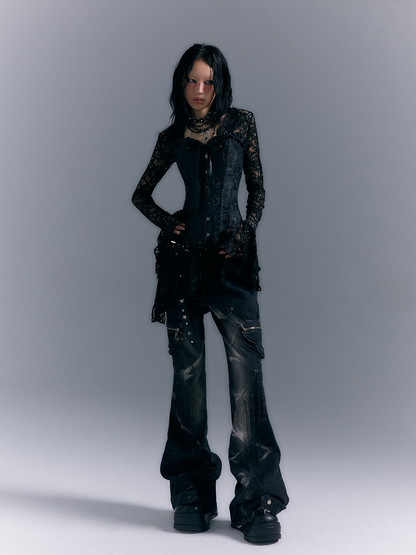 Gewaschene Reißverschluss Flare Schwarz-Grau Nieten Jeans Taschen Punk