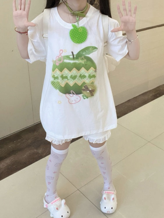 Green Apple Print White Round Neck Cotton T-Shirt Apple Choker Free with