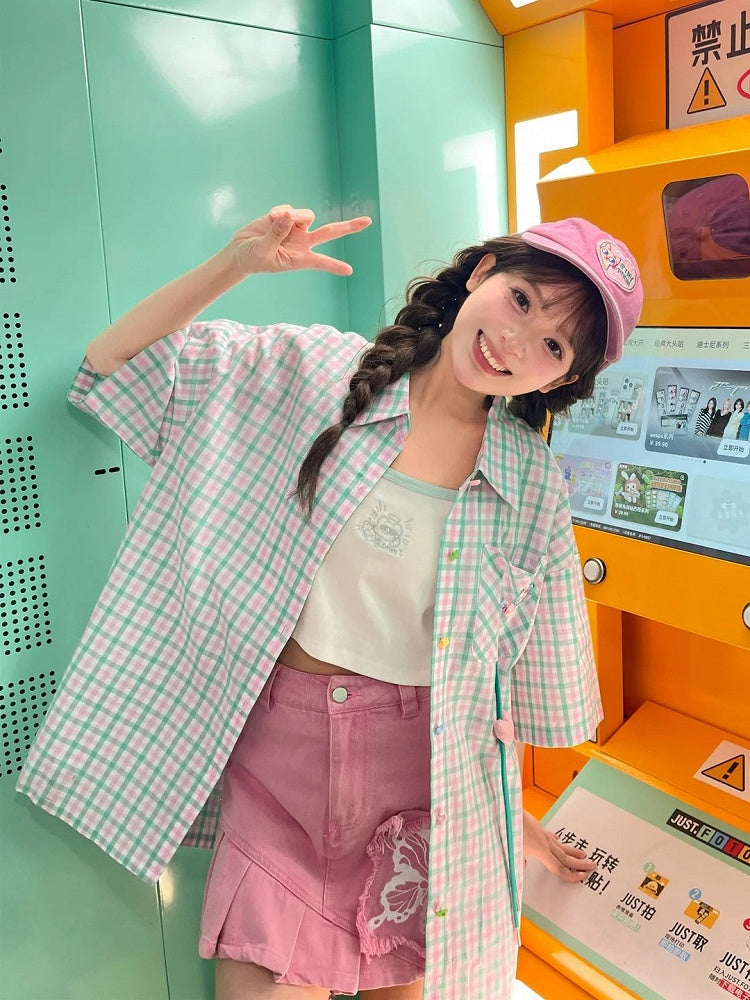 Placket Heart Short Star Button Sleeves Shirt Plaid  Drawstring Green/Yellow