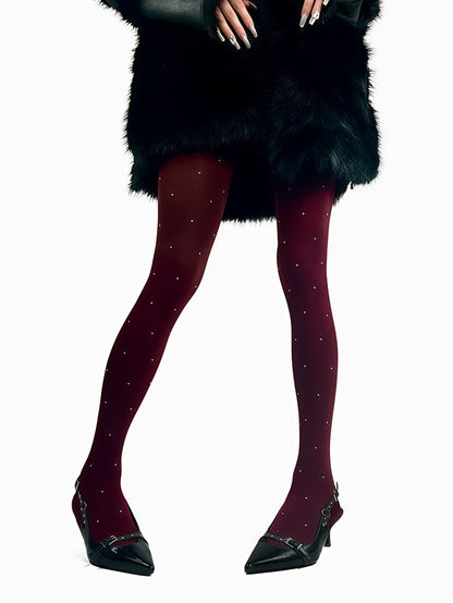 ダークグレー/ライトグレー/レッドの水玉模様の冬用タイツ