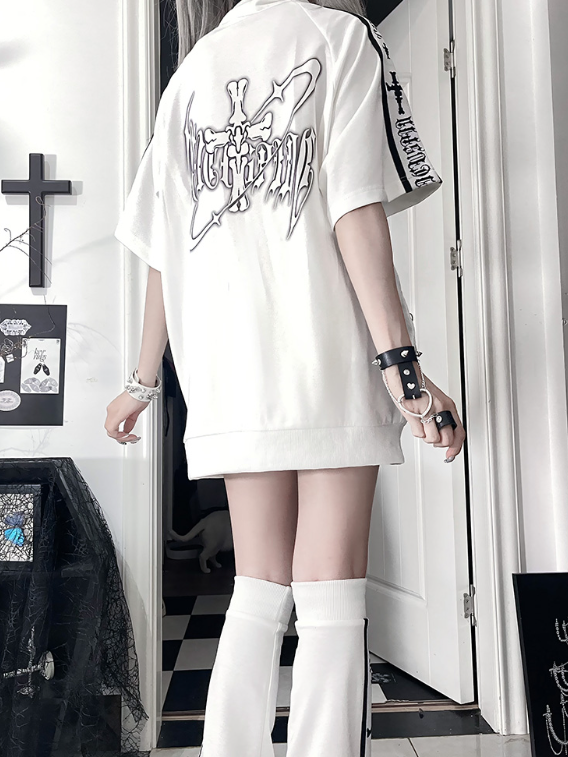 with Jacket Short Cross White Stripes Zip-Up Punk Text Sleeve Print Black
