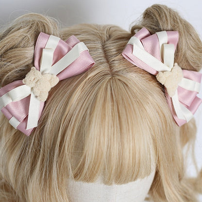 of Sweet Bear A Hairclips with and Pair Beige Pink Bowknot Decorations