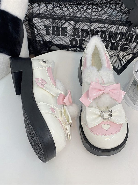 Platform Lolita Sweet with Pink and Bow Fleece-Lined Mid - Heels Details Accents White Heart