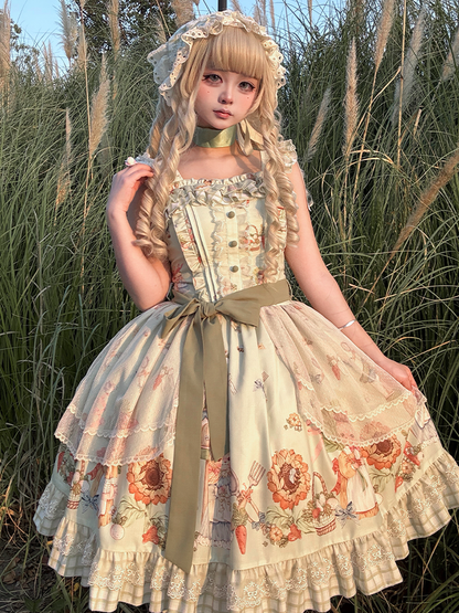 Overlay Plaid Dress Green Hem Bunny Print Lolita JSK Sweet Sunflower and with