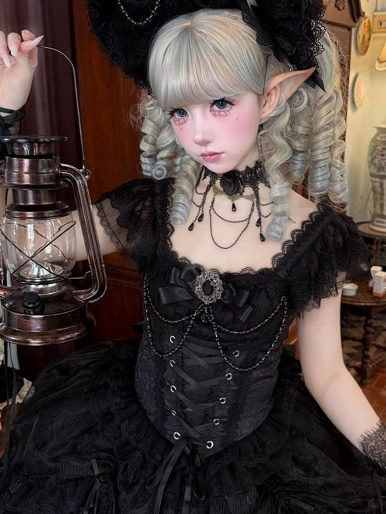 Black Gothic Square Neck JSK Dress with Train - Miss Han