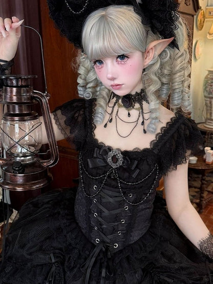 Black Gothic Square Neck JSK Dress with Train - Miss Han