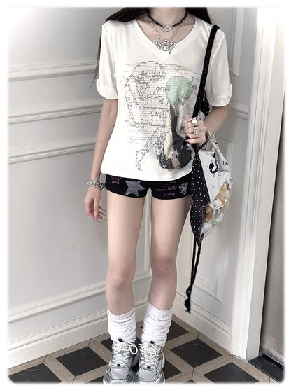 Grün/pinkes T-Shirt mit V-Ausschnitt und Anime-Mädchen-Print