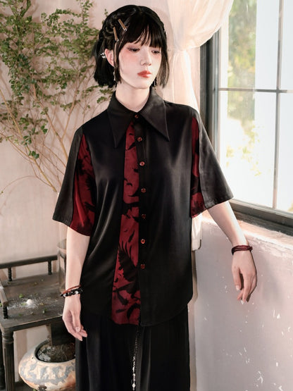 Gothic Black and Red Spliced Pointed Flat Collar Short Sleeve Shirt with Crow Motif - Quirky Hut