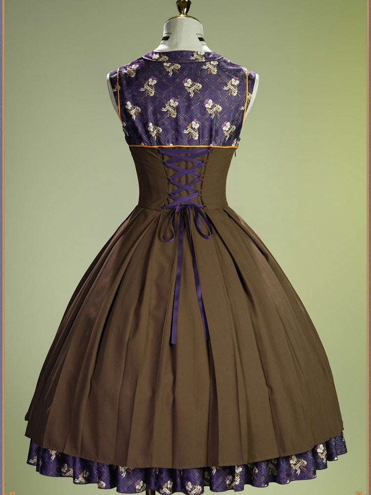 Yellow & Purple Retro Floral Print Lolita JSK Dress with Layered Skirt - Neoludwig