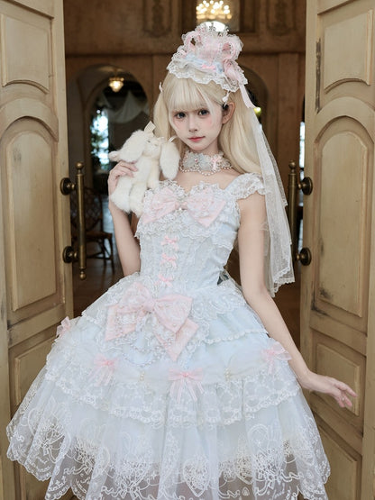 Blue Multi-Layer Lace Trim Lolita JSK with Bow and Bead Chain Decorations - White Sugar Girl