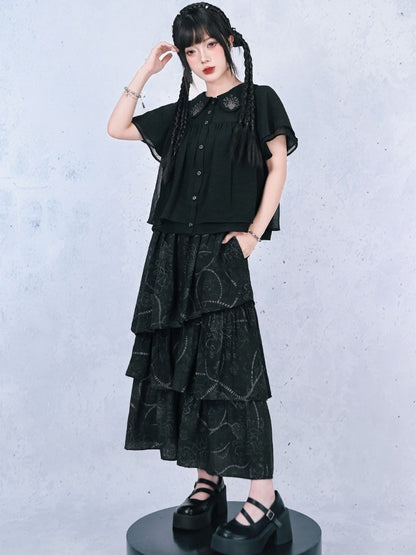 Dark Peter Pan Collar Short Sleeve Blouse with Floral Embroidery - Quirky Hut