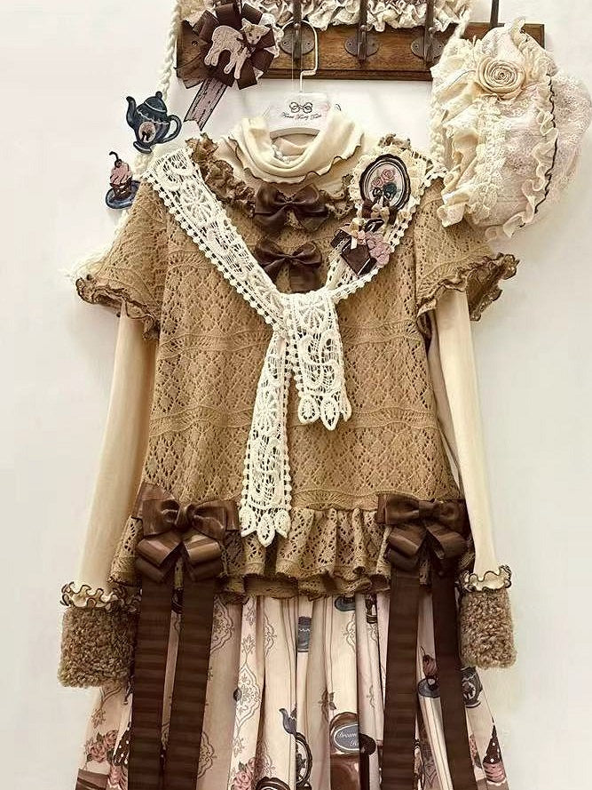 Long with Plush Creamy Top Cuff Sleeves Lolita Brown/Beige