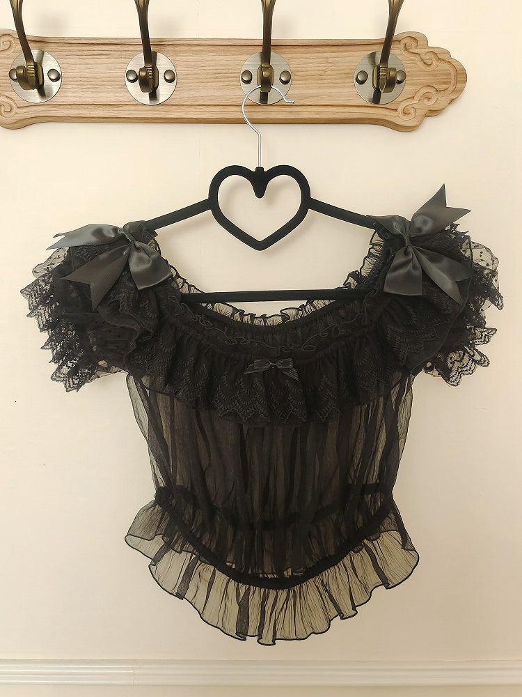 ブラック 伸縮性 オフショルダー ネックライン 半袖 シアーブラウス