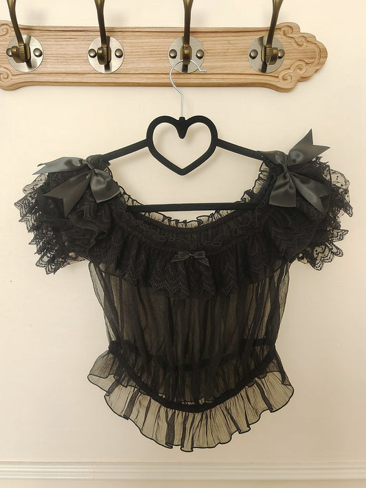 ブラック 伸縮性 オフショルダー ネックライン 半袖 シアーブラウス