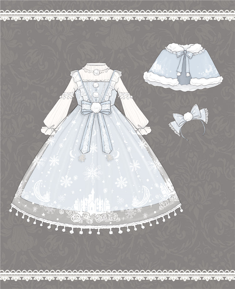 - + White Pattern Snowflake Skirt Full Sweet Set Cape Bow Jumper Big